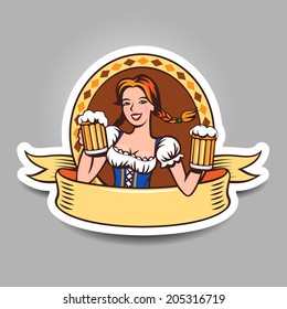 Young woman holding beer glasses. Emblem with ribbon, label for your design 