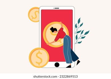 Young woman holding big coin, standing near big mobile screen. Saving money in smartphone wallet concept. Using mobile banking apps. Online banking. Flat vector illustration