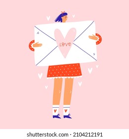 Young woman holding a big envelope with valentine card. Valentine's Day concept. Vector illustration