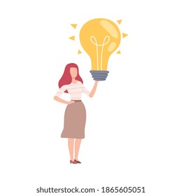 Young Woman Holding Big Glass Light Bulb Vector Illustration