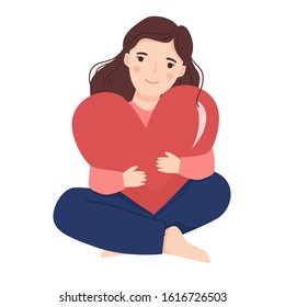 Young woman holding big heart paper. Valentine, love concept. vector illustration.