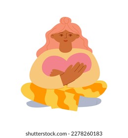 Young woman holding a big heart and sitting in the lotus pose. Self love, self care concept. Vector flat illustration on isolated background. African american black woman