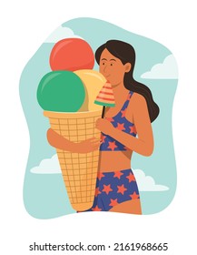 Young Woman Holding Big Ice Cream Cone for Summer Concept