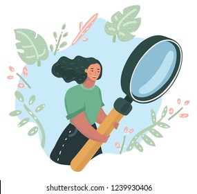 Young woman is holding big magnifier. Businesswoman looking through magnifying glass. Lady with giant loupe. Searching new ideas. Vector cartoon illustration in modern concept