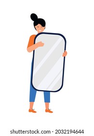 Young woman holding big mirror flat vector illustration