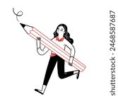 Young woman holding a big pencil. Hand drawn doodle vector illustration.
