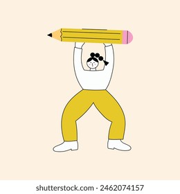 Young woman holding big pencil. Girl with a large Pencil. Cute funny isolated character. Cartoon style. Drawing, writing, creating, design, concept. Colorful vector illustration.