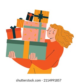 Young woman holding a big stack of gift boxes. Hand drawn vector flat cartoon style illustration for greeting card 