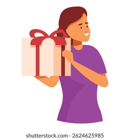 Young woman is holding a big wrapped gift box with a red ribbon