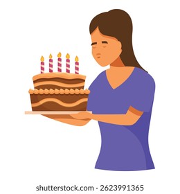 Young woman holding birthday cake with sad expression on her face