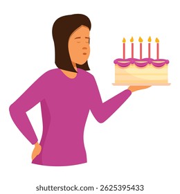 Young woman is holding a birthday cake with candles and making a wish