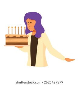 Young woman is holding a birthday cake and making a wish, but she looks sad and lonely