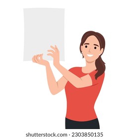 Young woman holding a blank placard. Flat vector illustration isolated on white background