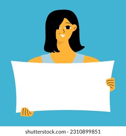 Young woman holding blank placard, poster, mockup. Pretty girl swowing empty presentation. Isolated illustration
