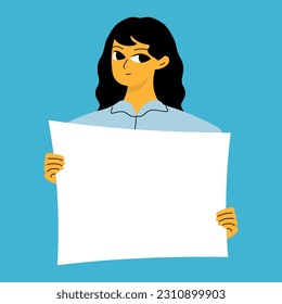 Young woman holding blank placard, poster, mockup. Pretty girl swowing empty presentation. Isolated illustration
