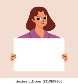 Young woman holding blank placard, poster, mockup. Pretty girl swowing empty presentation. Isolated illustration
