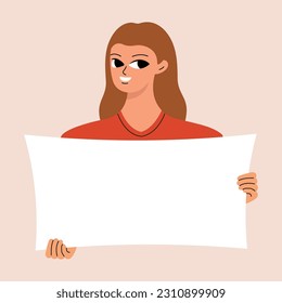 Young woman holding blank placard, poster, mockup. Pretty girl swowing empty presentation. Isolated illustration
