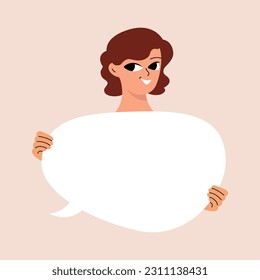 Young woman holding blank placard, poster, mockup. Pretty girl swowing empty presentation. Isolated illustration
