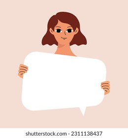 Young woman holding blank placard, poster, mockup. Pretty girl swowing empty presentation. Isolated illustration
