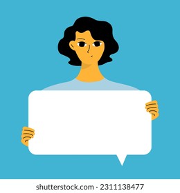 Young woman holding blank placard, poster, mockup. Pretty girl swowing empty presentation. Isolated illustration
