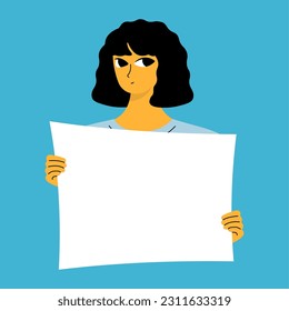 Young woman holding blank placard, poster, mockup. Pretty girl swowing empty presentation. Isolated illustration
