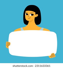 Young woman holding blank placard, poster, mockup. Pretty girl swowing empty presentation. Isolated illustration
