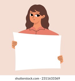 Young woman holding blank placard, poster, mockup. Pretty girl swowing empty presentation. Isolated illustration
