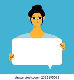 Young woman holding blank placard, poster, mockup. Pretty girl swowing empty presentation. Isolated illustration
