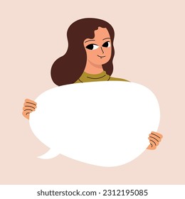 Young woman holding blank placard, poster, mockup. Pretty girl swowing empty presentation. Isolated illustration
