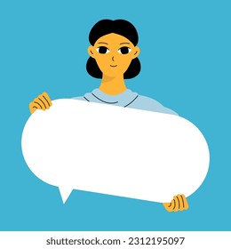 Young woman holding blank placard, poster, mockup. Pretty girl swowing empty presentation. Isolated illustration
