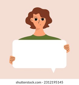 Young woman holding blank placard, poster, mockup. Pretty girl swowing empty presentation. Isolated illustration
