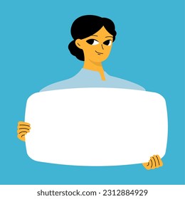 Young woman holding blank placard, poster, mockup. Pretty girl swowing empty presentation. Isolated illustration
