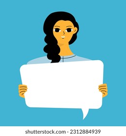 Young woman holding blank placard, poster, mockup. Pretty girl swowing empty presentation. Isolated illustration
