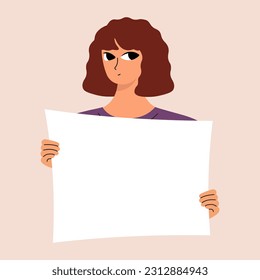 Young woman holding blank placard, poster, mockup. Pretty girl swowing empty presentation. Isolated illustration
