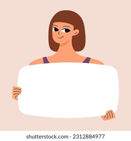 Young woman holding blank placard, poster, mockup. Pretty girl swowing empty presentation. Isolated illustration
