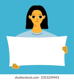 Young woman holding blank placard, poster, mockup. Pretty girl swowing empty presentation. Isolated illustration
