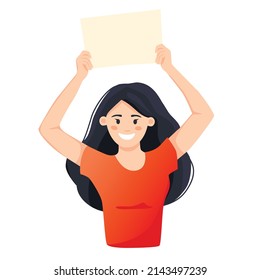 A young woman holding a blank poster with place for text. Hand drawn style vector trendy illustration.