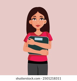 
Young Woman Holding a Body Scale Vector Cartoon Illustration. Cheerful girl with body positive confident attitude 
