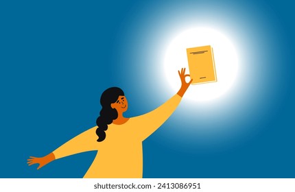 Young woman holding book or diary in hand lights up night. Learning light, literature day, education power. Girl lighting dark by knowledge. Female writer, author. Reading book art vector illustration