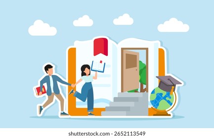 Young woman holding a book pulling a young man toward a door on an open book page near a globe and graduation cap illustration of expanding knowledge through world encyclopedia