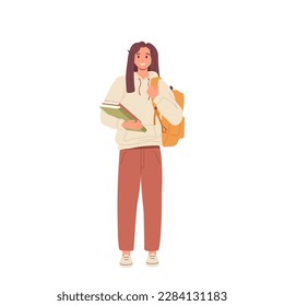 Young woman holding books in hand and carrying bag on shoulders vector illustration on white