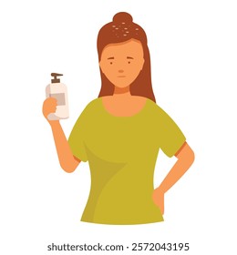 Young woman is holding a bottle of lotion, perhaps for a skin condition such as acne