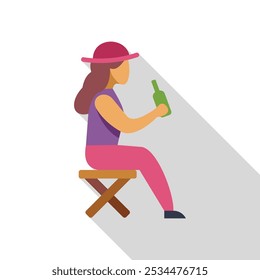 Young woman is holding a bottle, sitting on a camping stool, and relaxing outdoors