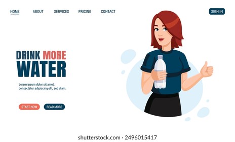 Young woman holding bottle of water, showing thumbs up. Website, web page design. Flat vector illustration.