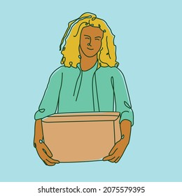 Young woman holding a box. Line art style vector illustration suitable for wellness or social kindness content