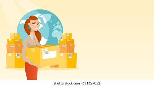 Young woman holding box on the background of world map and packages. Woman working in international delivery service. International delivery concept. Vector flat design illustration. Horizontal layout
