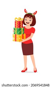 young woman holding box present in christmas