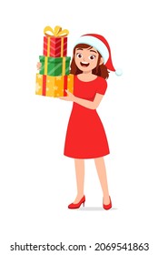 young woman holding box present in christmas