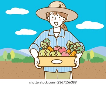 Young woman holding a box of vegetables in front of a field
