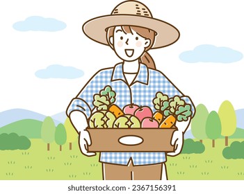 Joven sosteniendo una caja de verduras frente a un campo